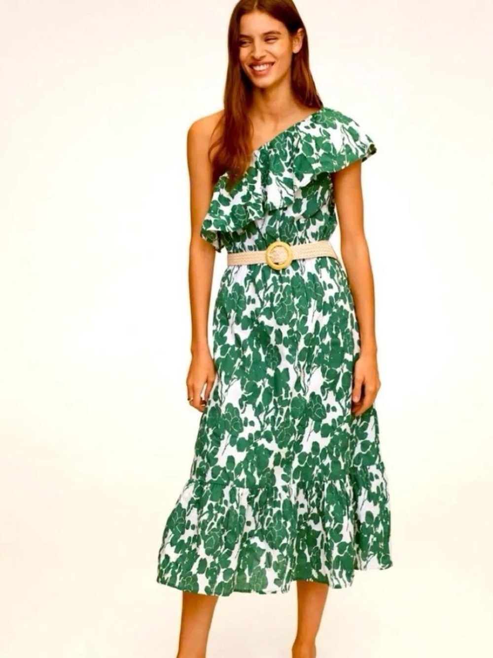 MNG Mango One Shoulder Floral Midi Dress Green & White Ruffle Size L